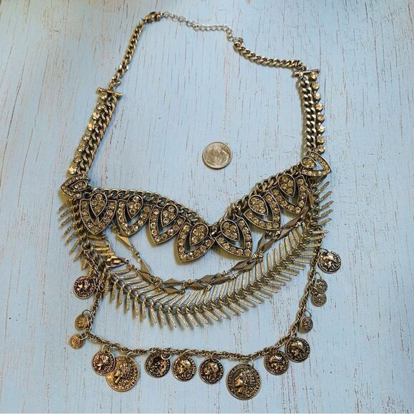 Gold Mutistrand Chain and Coin Charm Statement Necklace - Picture 1 of 4